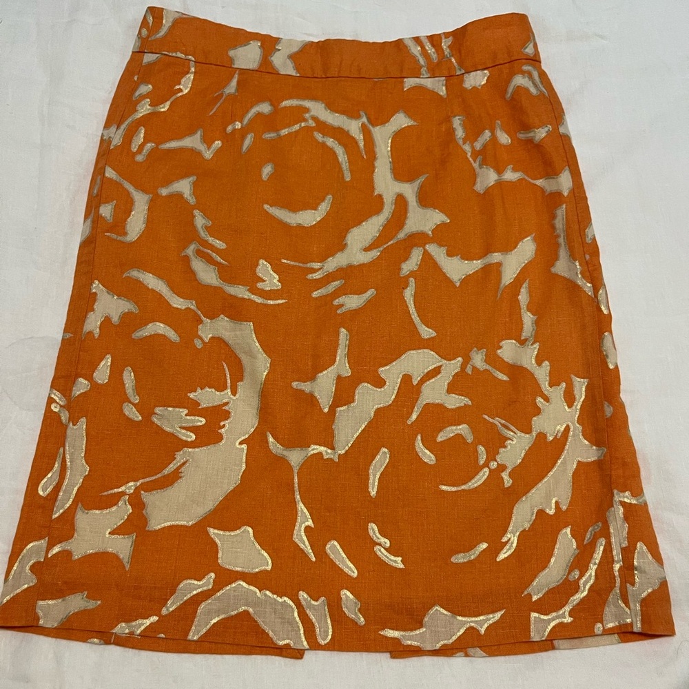 J Crew Skirt.  Orange & gold metallic pattern.